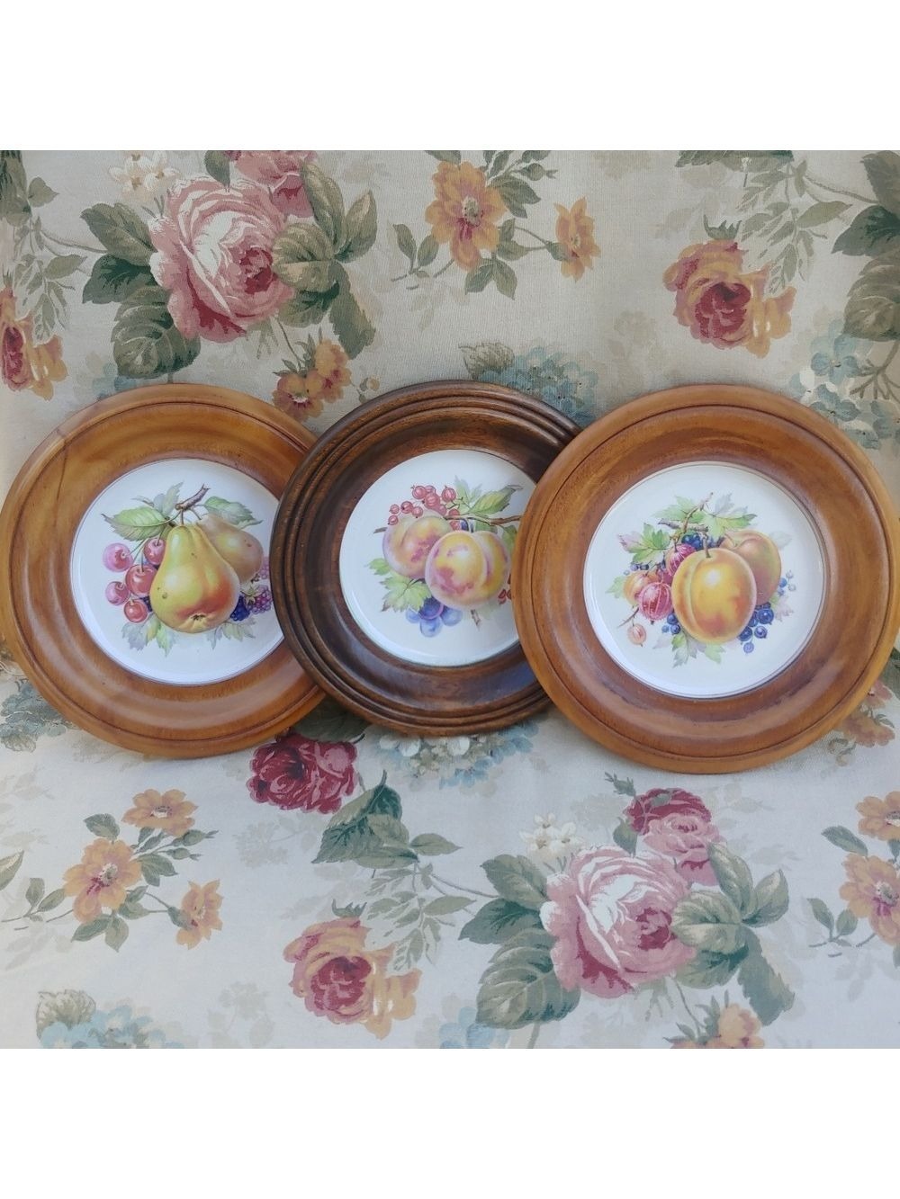 Vintage Copelands Grosvenor Spode English China Fruit Wall Plate Set Wood-Framed - Picture 3 of 17